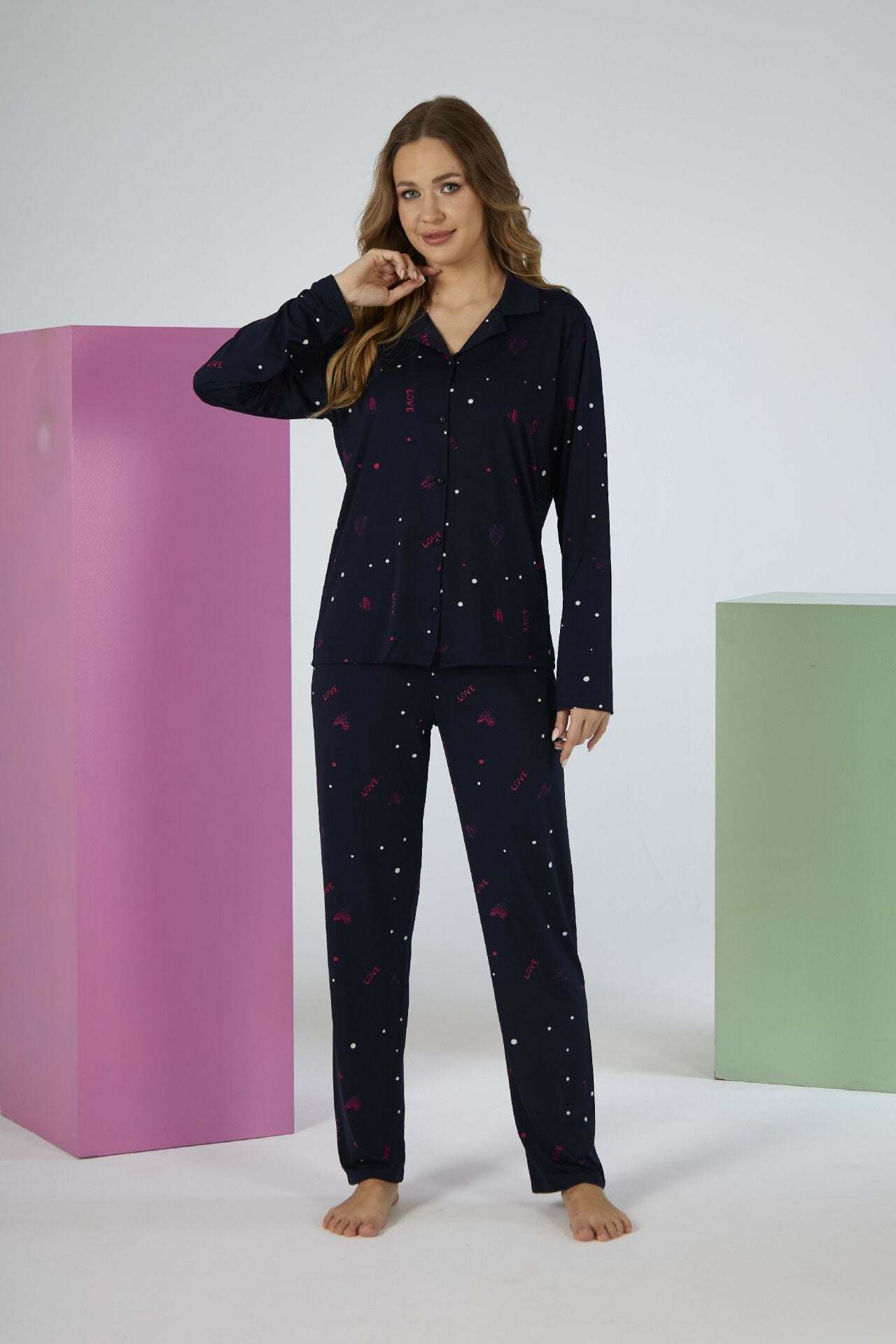 Estiva Kadın Love Desenli Lacivert Önden Düğmeli Soft Pijama Takımı