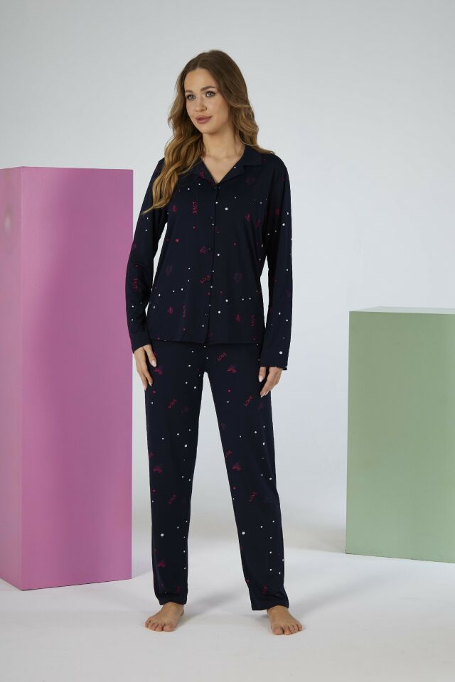 Estiva Kadın Love Desenli Lacivert Önden Düğmeli Soft Pijama Takımı alternatif görsel