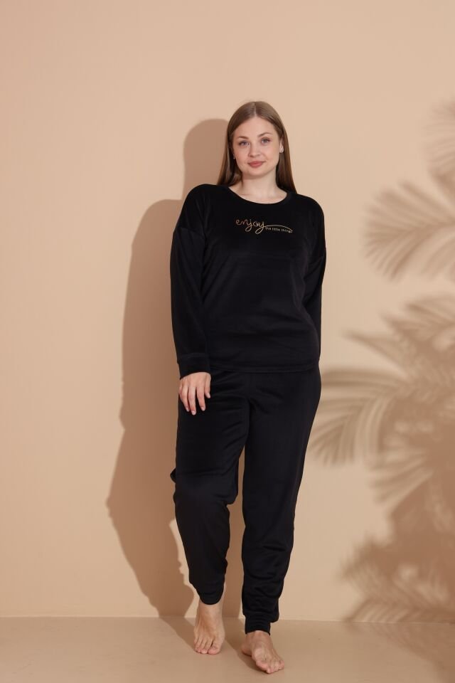 Kadın Kışlık Kadife Battal Pijama Takımı Siyah - 3XL