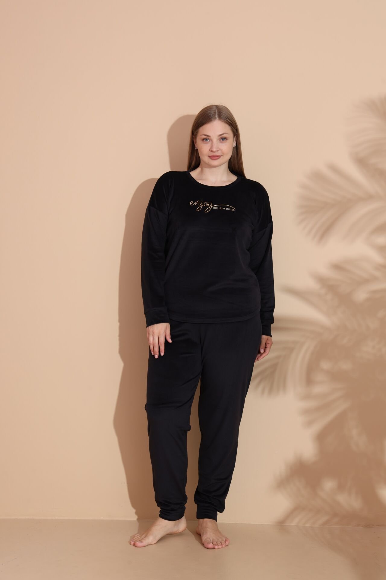 Kadın Kışlık Kadife Battal Pijama Takımı Siyah - 4XL