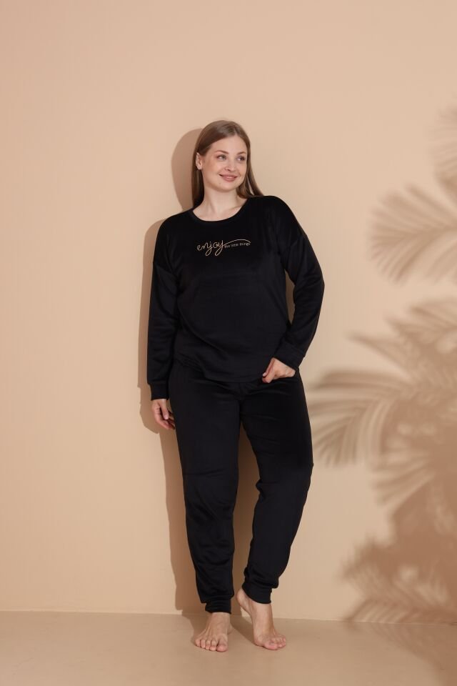 Kadın Kışlık Kadife Battal Pijama Takımı Siyah - 4XL