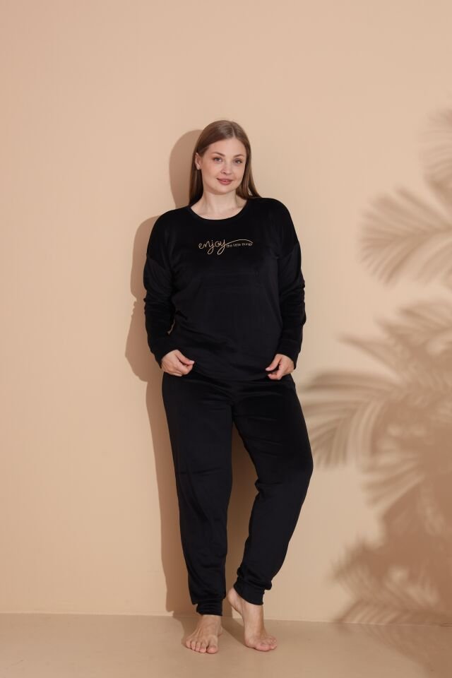 Kadın Kışlık Kadife Battal Pijama Takımı Siyah - 4XL