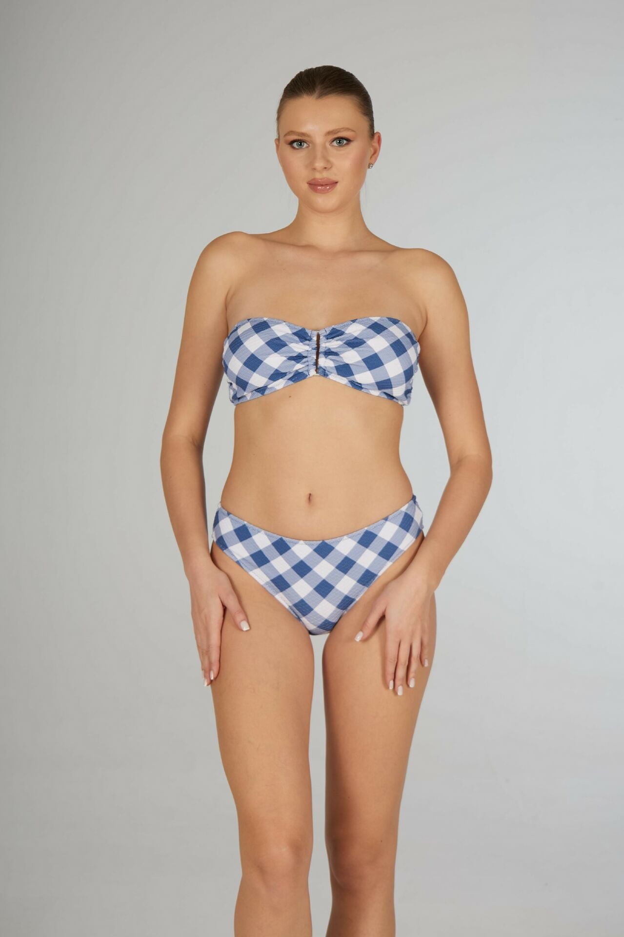 Estiva Kadın Kareli Mavi Tokalı Straplez Bikini Takımı