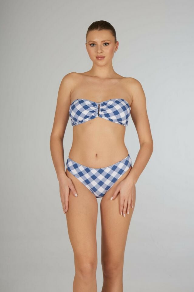 Estiva Kadın Kareli Mavi Tokalı Straplez Bikini Takımı