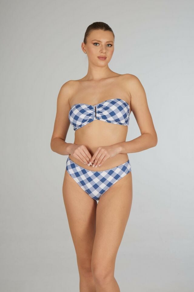 Estiva Kadın Kareli Mavi Tokalı Straplez Bikini Takımı