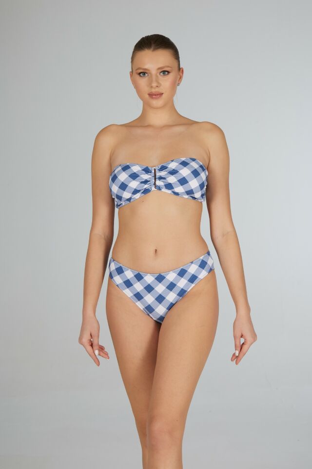 Estiva Kadın Kareli Mavi Tokalı Straplez Bikini Takımı