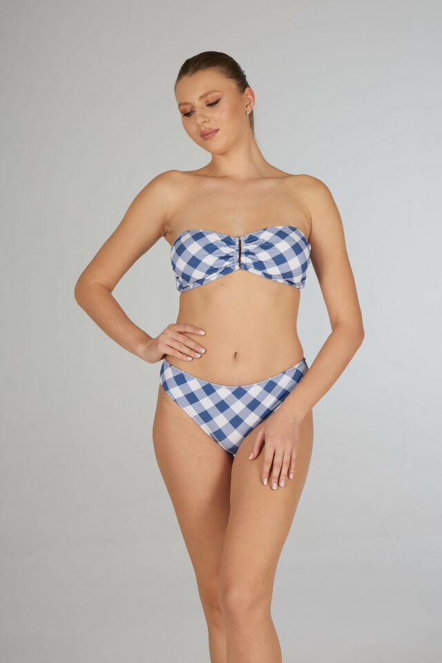 Estiva Kadın Kareli Mavi Tokalı Straplez Bikini Takımı