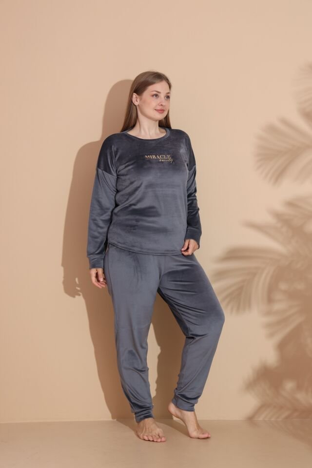 Kadın Kışlık Kadife Battal Pijama Takımı 3XL - Füme