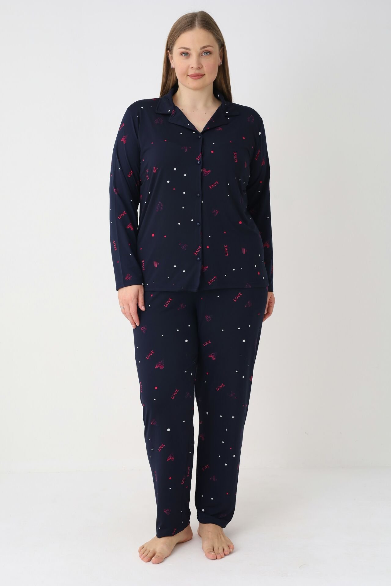 Estiva Kadın Love Desenli Lacivert Önden Düğmeli Soft Battal Pijama Takımı