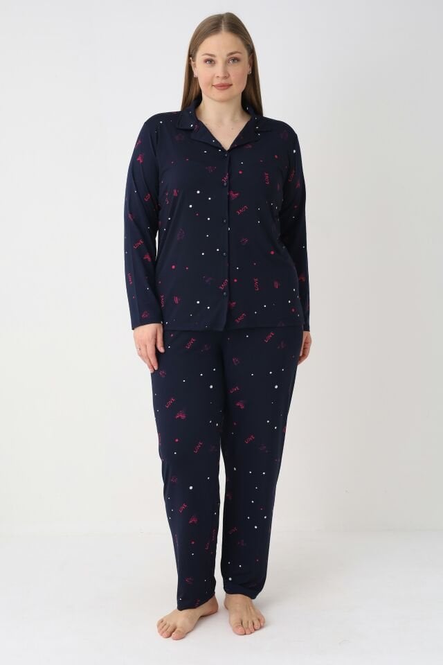 Estiva Kadın Love Desenli Lacivert Önden Düğmeli Soft Battal Pijama Takımı