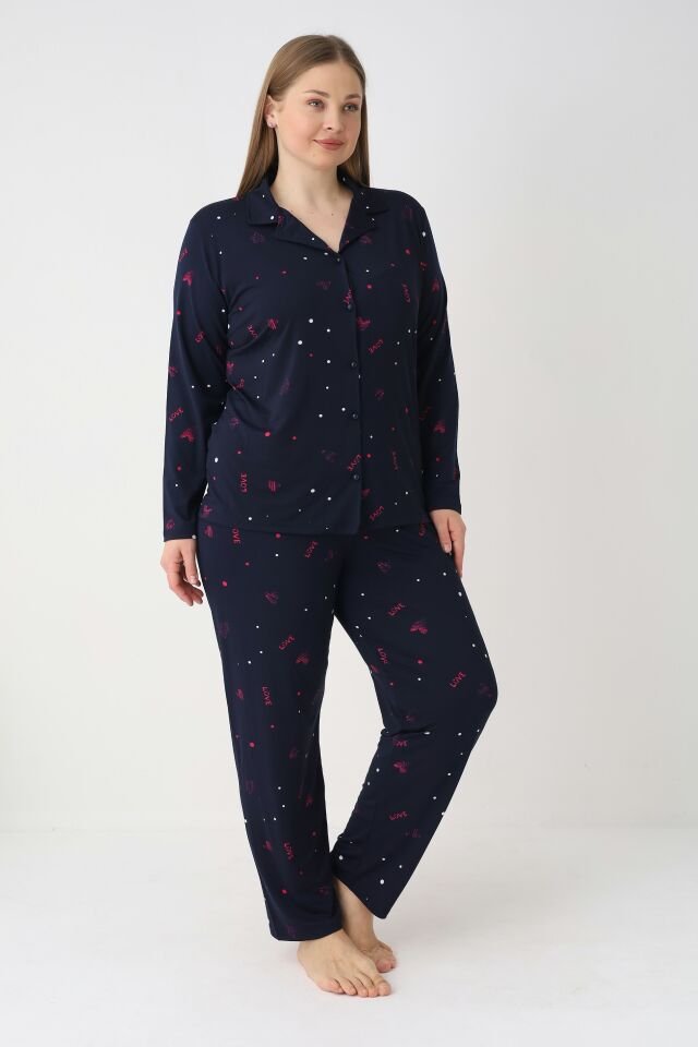 Estiva Kadın Love Desenli Lacivert Önden Düğmeli Soft Battal Pijama Takımı