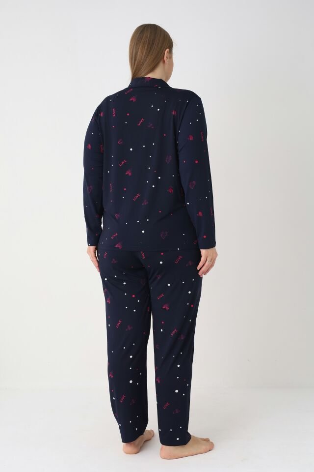Estiva Kadın Love Desenli Lacivert Önden Düğmeli Soft Battal Pijama Takımı