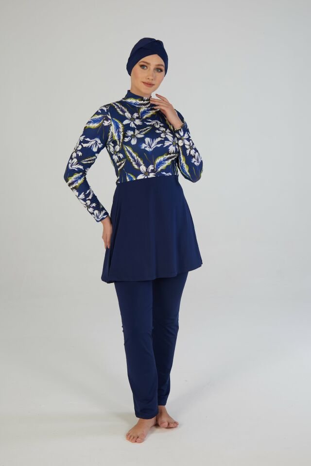 Estiva Kadın Tam Kapalı Çiçek Desenli Tesettür Mayo Lacivert
