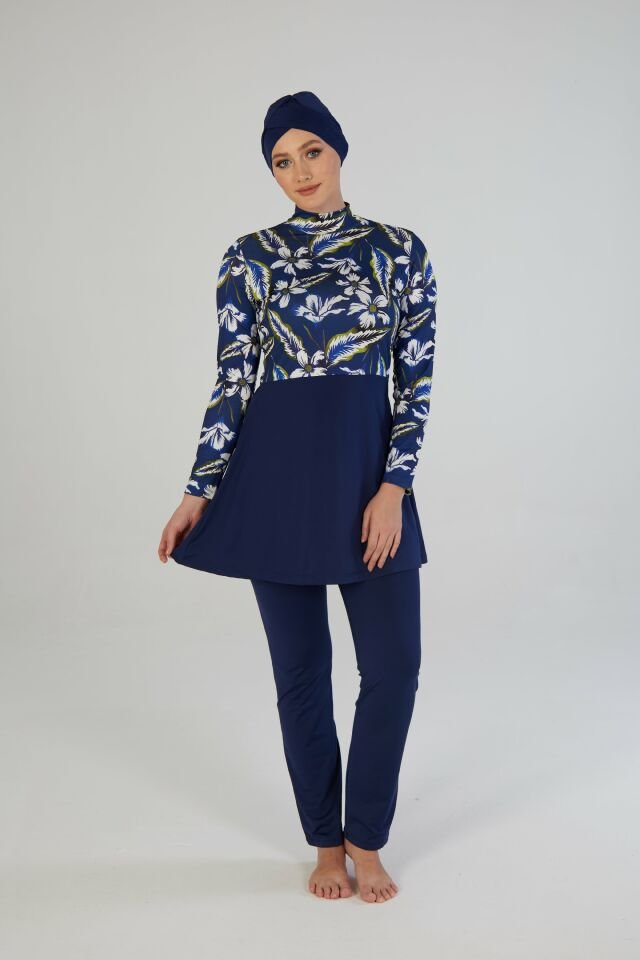 Estiva Kadın Tam Kapalı Çiçek Desenli Tesettür Mayo Lacivert