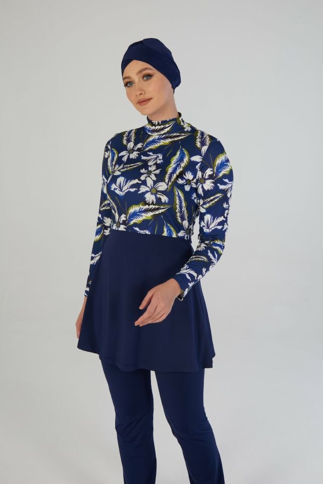 Estiva Kadın Tam Kapalı Çiçek Desenli Tesettür Mayo Lacivert