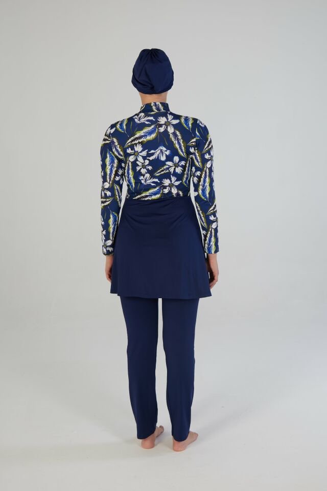 Estiva Kadın Tam Kapalı Çiçek Desenli Tesettür Mayo Lacivert