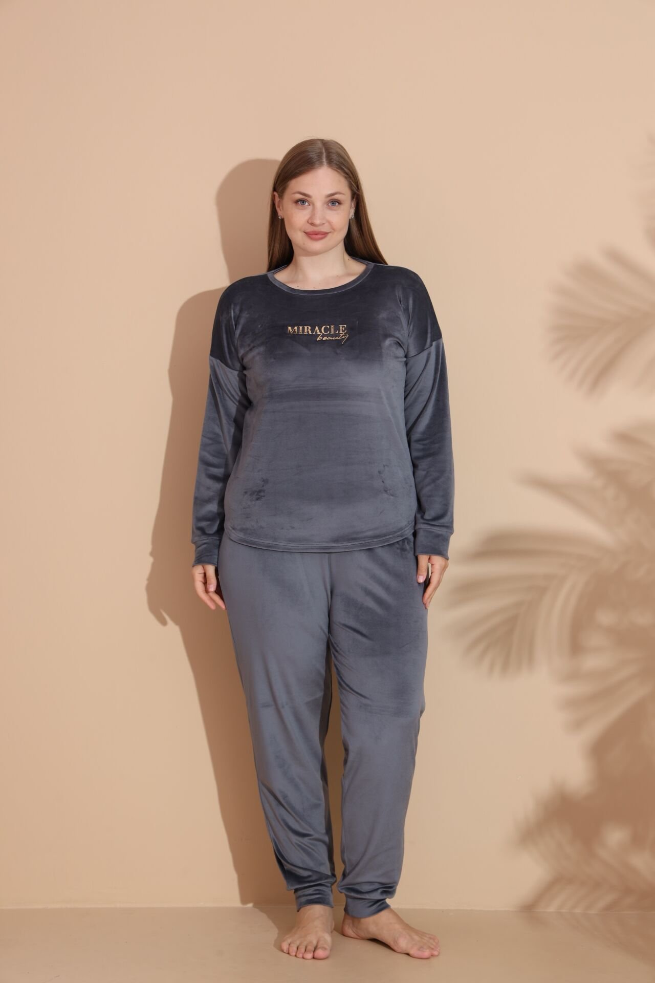 Kadın Kışlık Kadife Battal Pijama Takımı 5XL - Füme