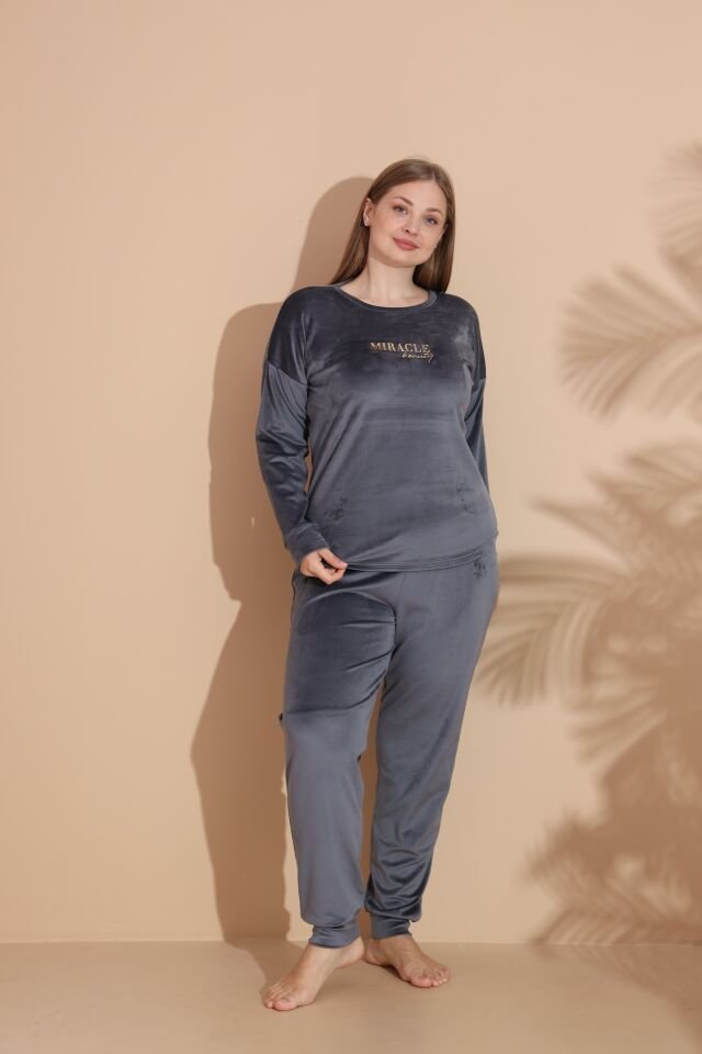 Kadın Kışlık Kadife Battal Pijama Takımı 5XL - Füme