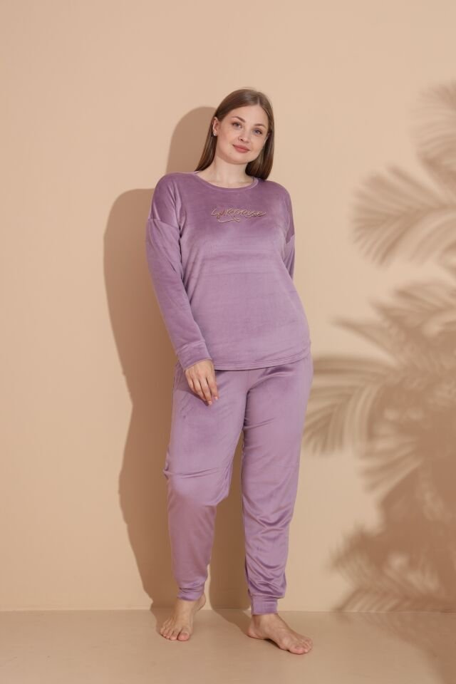 Kadın Kışlık Kadife Battal Pijama Takımı 4XL - Lila