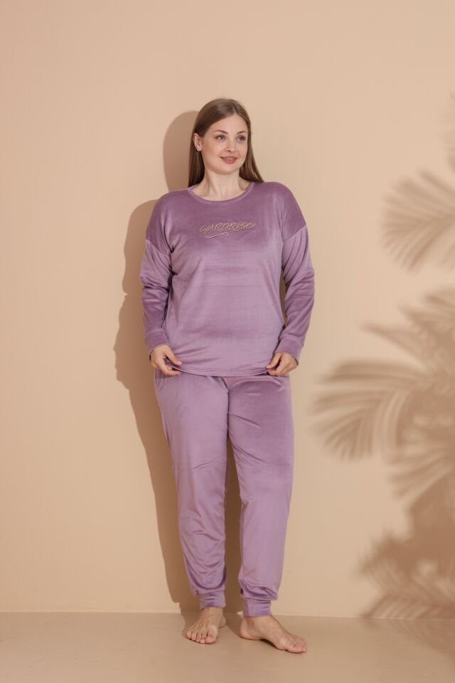 Kadın Kışlık Kadife Battal Pijama Takımı 4XL - Lila