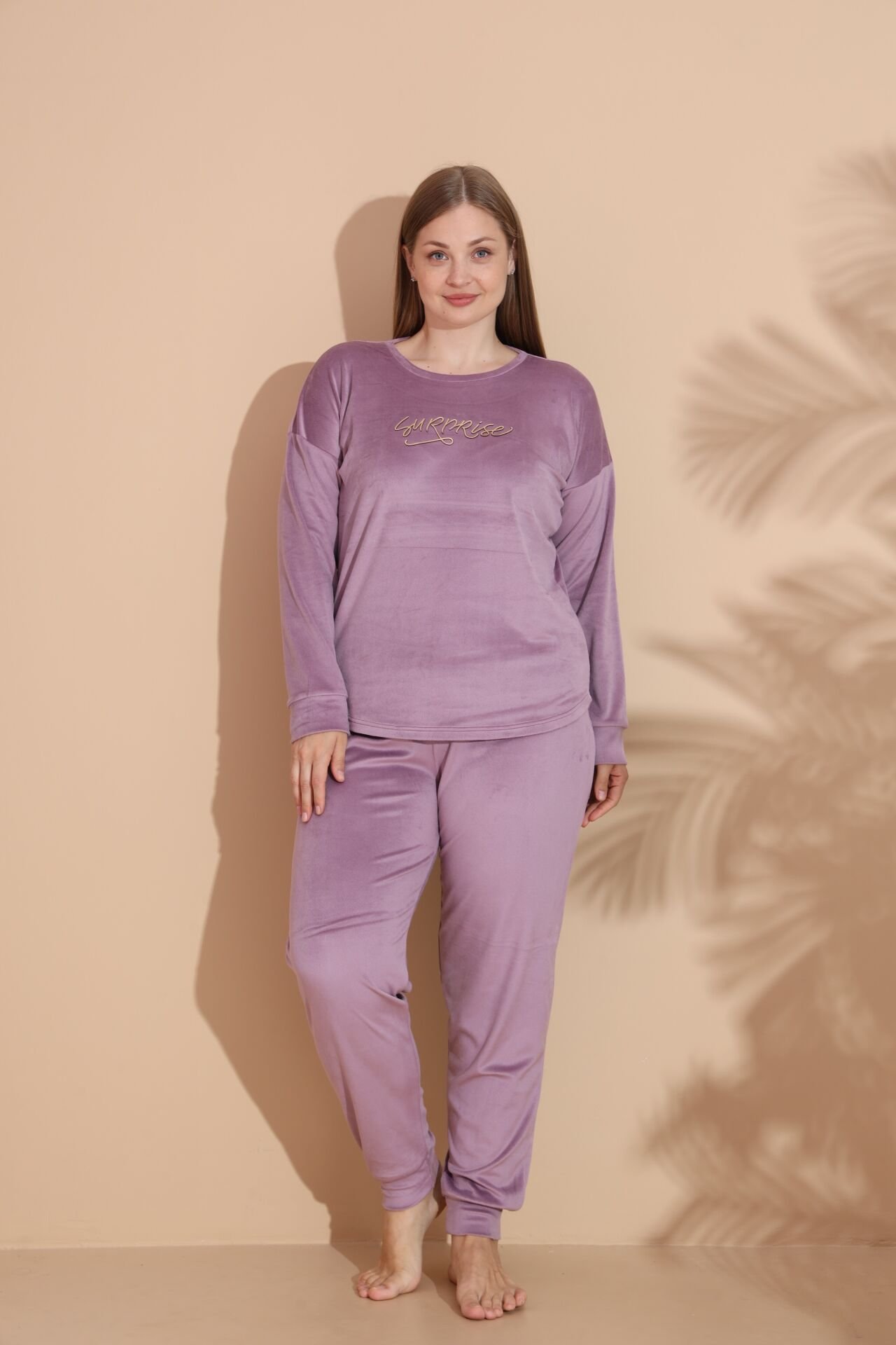 Kadın Kışlık Kadife Battal Pijama Takımı 5XL - Lila