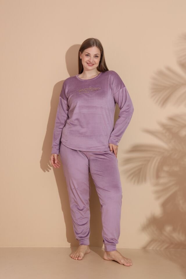 Kadın Kışlık Kadife Battal Pijama Takımı 5XL - Lila
