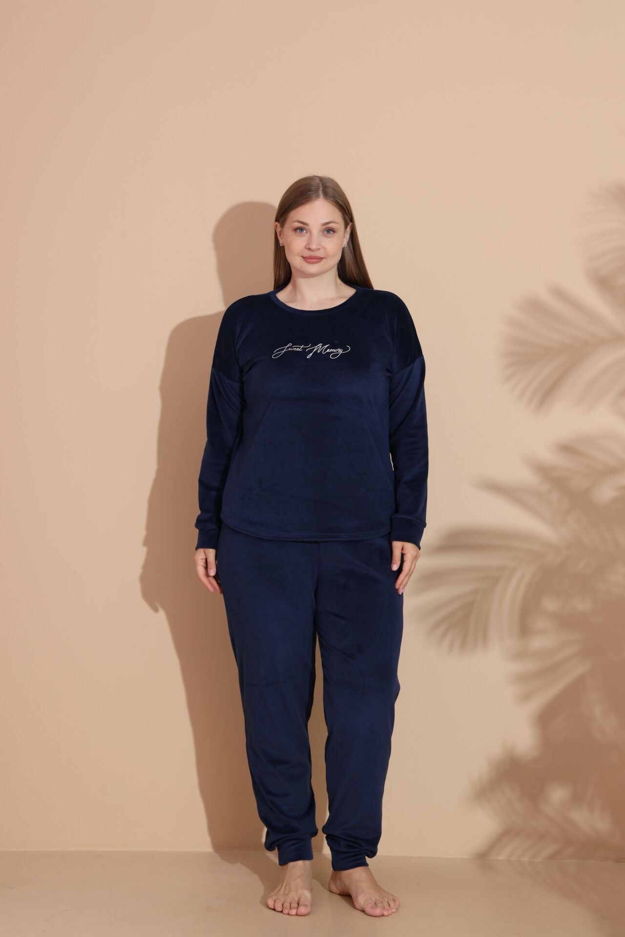 Kadın Kışlık Kadife Battal Pijama Takımı Lacivert - 3XL