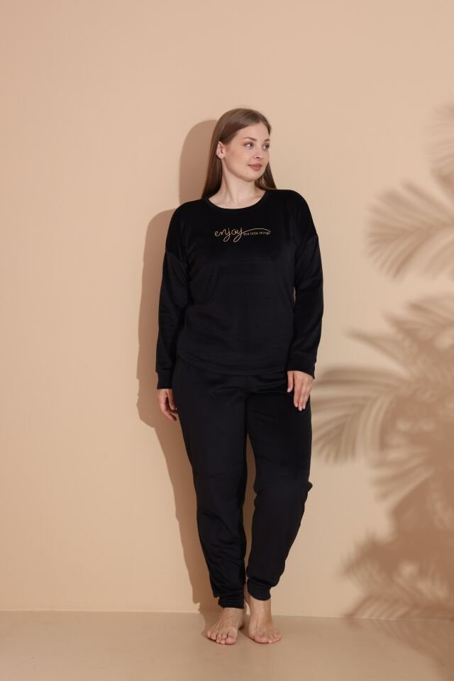 Kadın Kışlık Kadife Battal Pijama Takımı Lacivert - 3XL