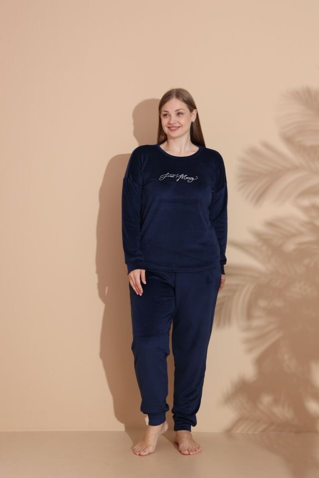 Kadın Kışlık Kadife Battal Pijama Takımı Lacivert - 3XL