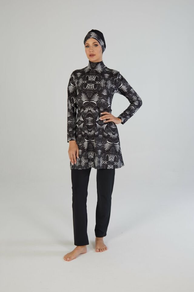Estiva Kadın Tam Kapalı Geometrik Desenli Tesettür Mayo Siyah