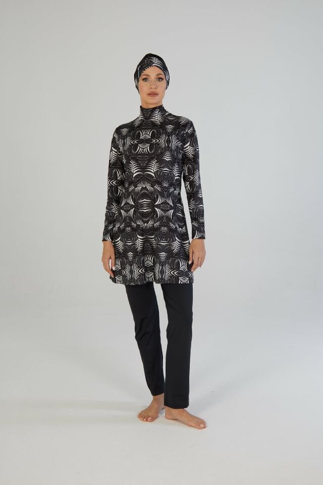 Estiva Kadın Tam Kapalı Geometrik Desenli Tesettür Mayo Siyah