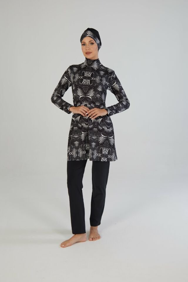 Estiva Kadın Tam Kapalı Geometrik Desenli Tesettür Mayo Siyah