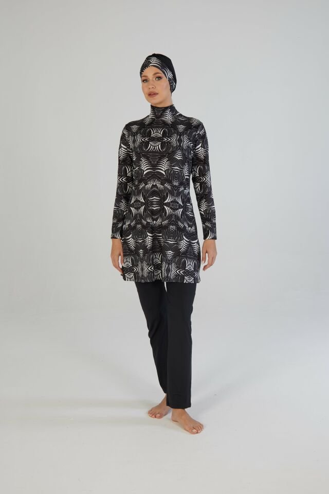 Estiva Kadın Tam Kapalı Geometrik Desenli Tesettür Mayo Siyah