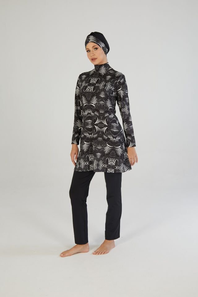 Estiva Kadın Tam Kapalı Geometrik Desenli Tesettür Mayo Siyah