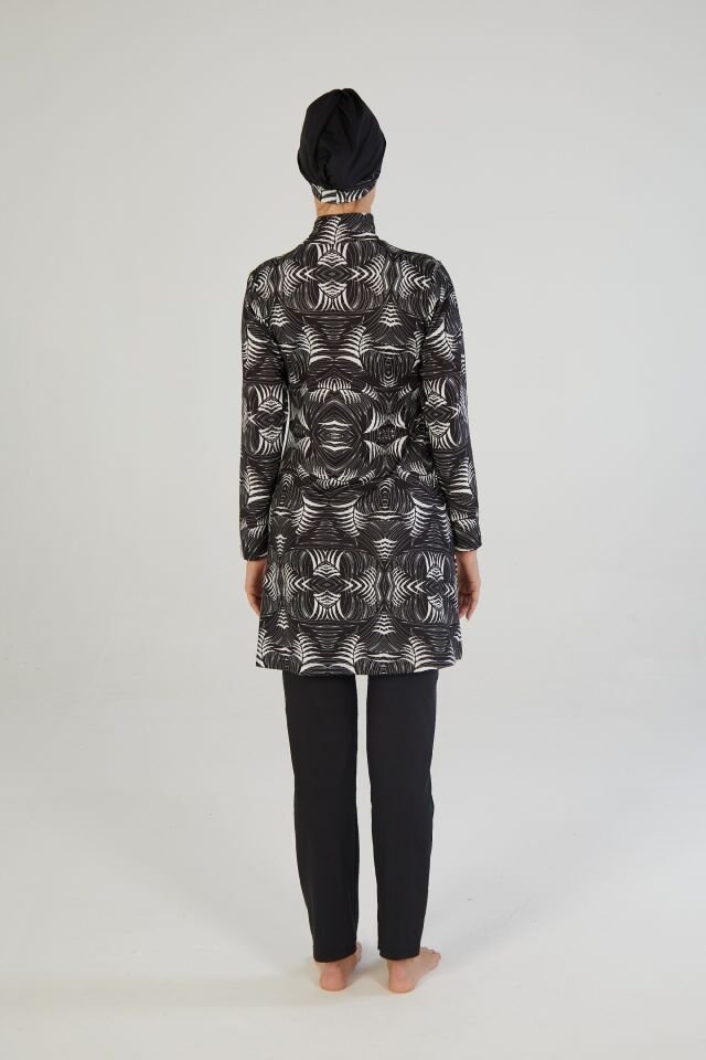 Estiva Kadın Tam Kapalı Geometrik Desenli Tesettür Mayo Siyah