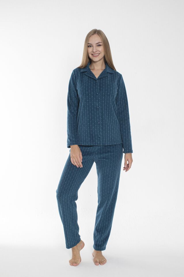 Kadın Kışlık Puantiyeli Önden Düğmeli Fitilli Polar Pijama Takımı Petrol