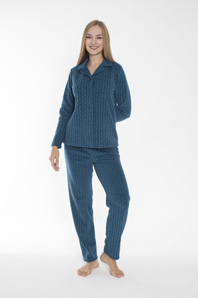 Kadın Kışlık Puantiyeli Önden Düğmeli Fitilli Polar Pijama Takımı Petrol