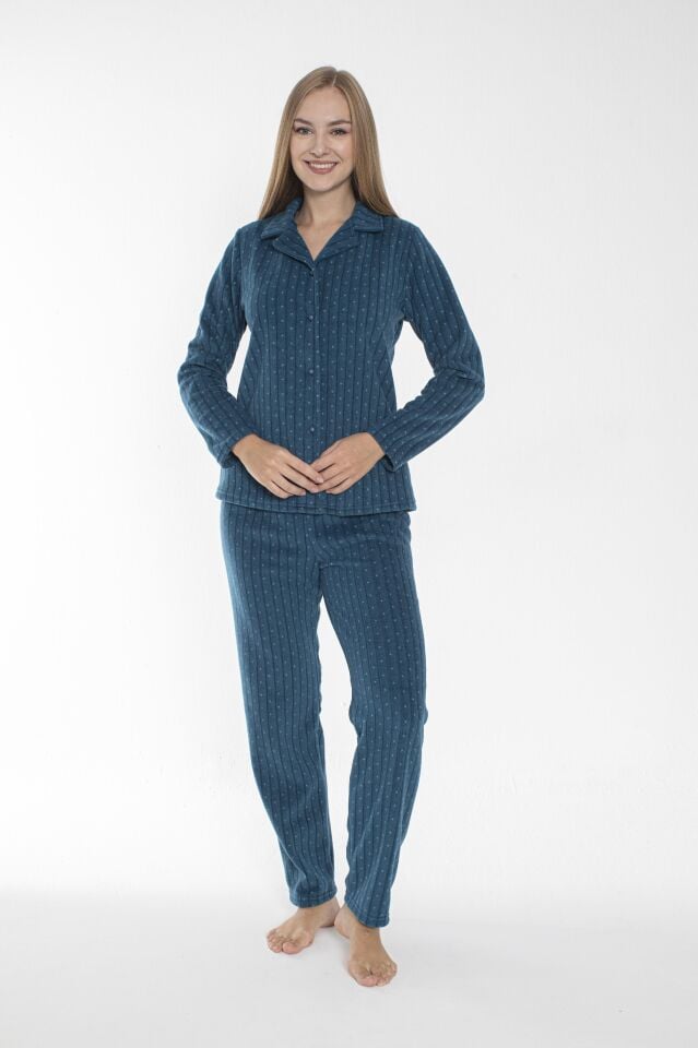 Kadın Kışlık Puantiyeli Önden Düğmeli Fitilli Polar Pijama Takımı Petrol
