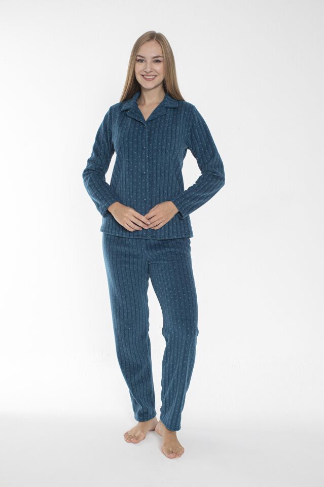 Kadın Kışlık Puantiyeli Önden Düğmeli Fitilli Polar Pijama Takımı Petrol