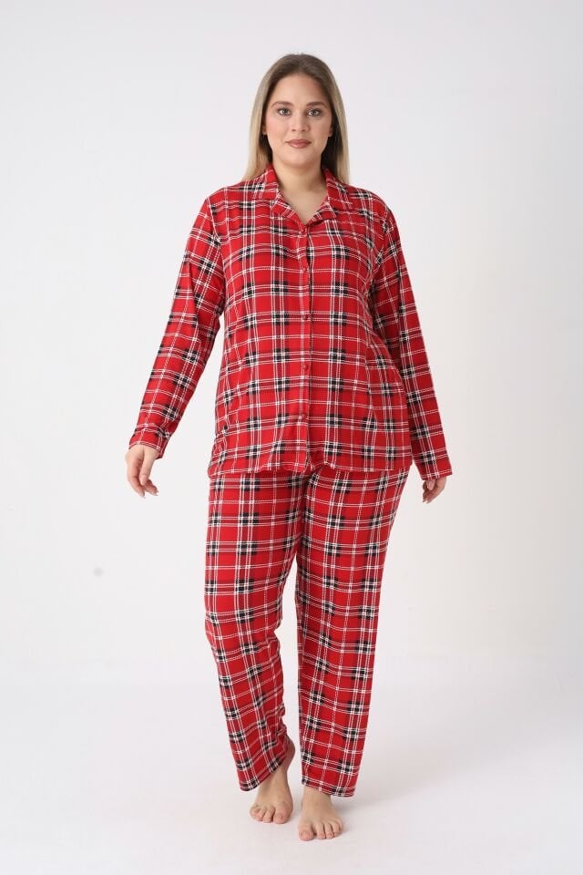 Estiva Kadın Kareli Kırmızı Önden Düğmeli Soft Battal Pijama Takımı