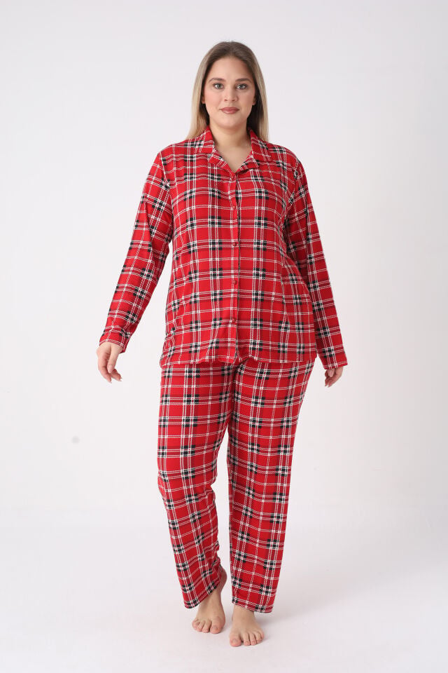 Estiva Kadın Kareli Kırmızı Önden Düğmeli Soft Battal Pijama Takımı