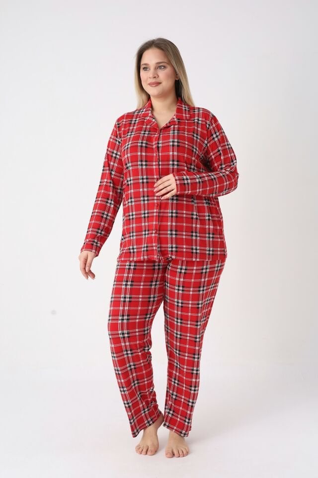 Estiva Kadın Kareli Kırmızı Önden Düğmeli Soft Battal Pijama Takımı