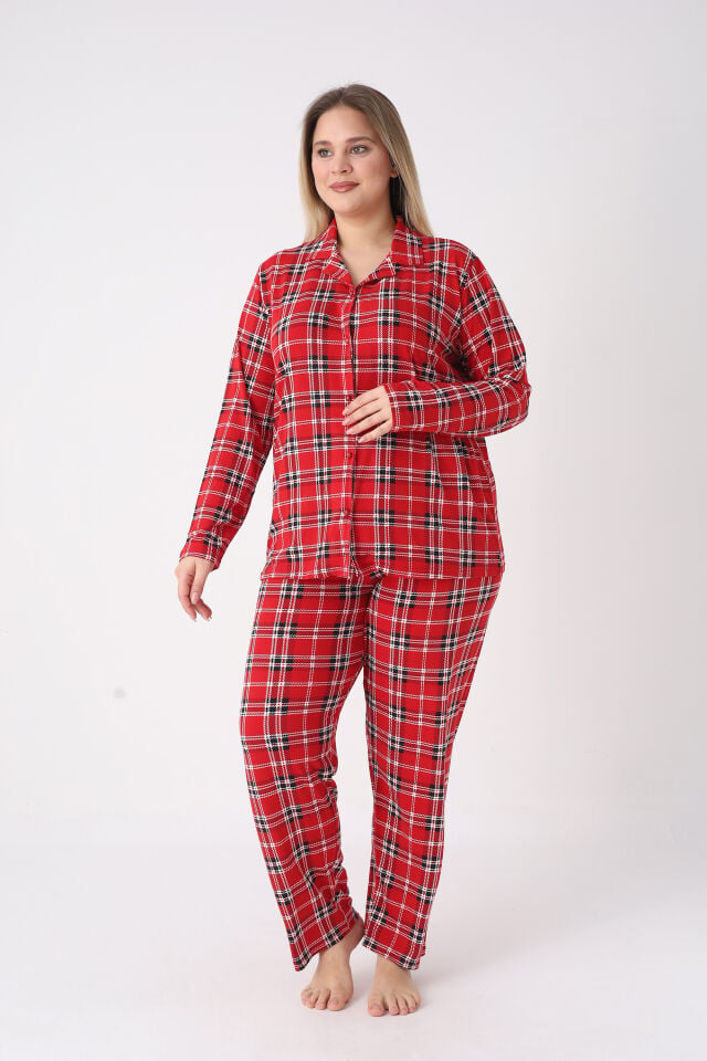 Estiva Kadın Kareli Kırmızı Önden Düğmeli Soft Battal Pijama Takımı alternatif görsel
