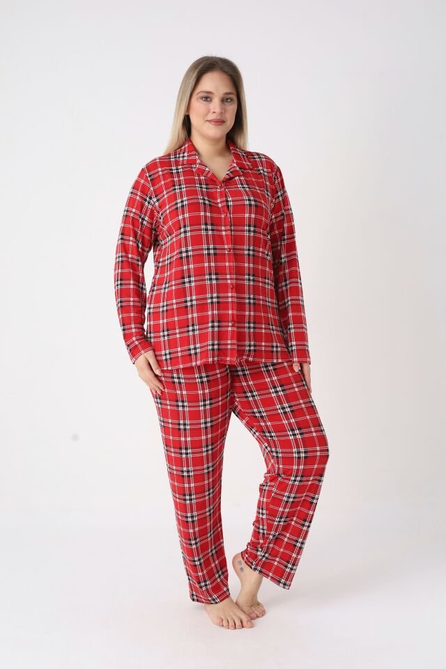 Estiva Kadın Kareli Kırmızı Önden Düğmeli Soft Battal Pijama Takımı
