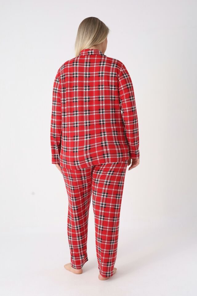 Estiva Kadın Kareli Kırmızı Önden Düğmeli Soft Battal Pijama Takımı