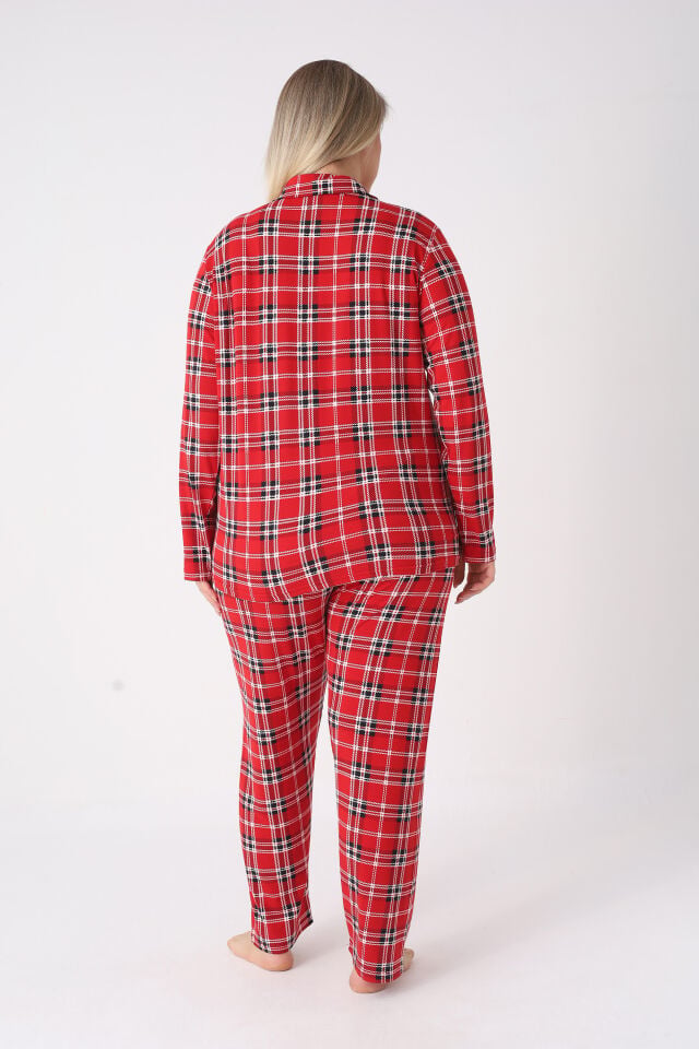 Estiva Kadın Kareli Kırmızı Önden Düğmeli Soft Battal Pijama Takımı