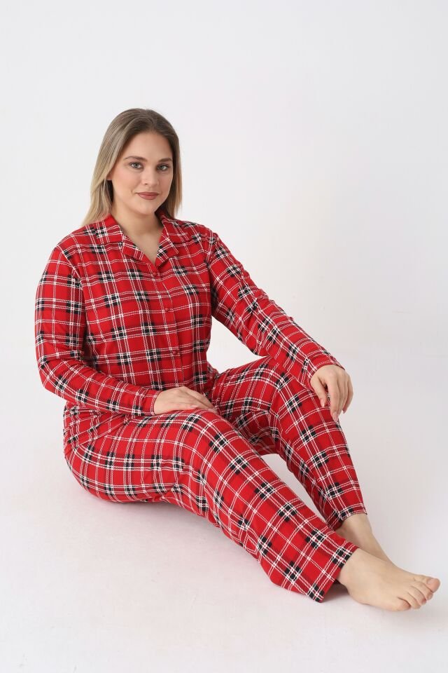 Estiva Kadın Kareli Kırmızı Önden Düğmeli Soft Battal Pijama Takımı
