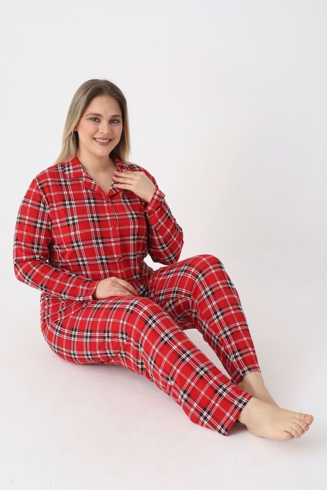Estiva Kadın Kareli Kırmızı Önden Düğmeli Soft Battal Pijama Takımı
