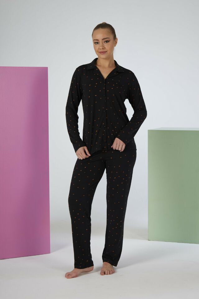 Estiva Kadın Puantiyeli Siyah Önden Düğmeli Soft Pijama Takımı