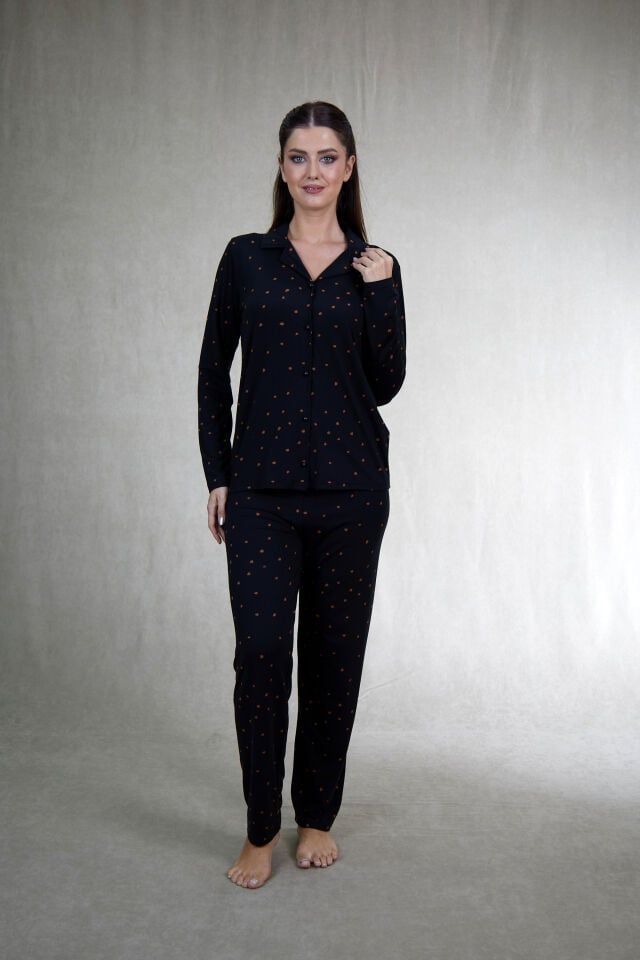 Estiva Kadın Puantiyeli Siyah Önden Düğmeli Soft Pijama Takımı